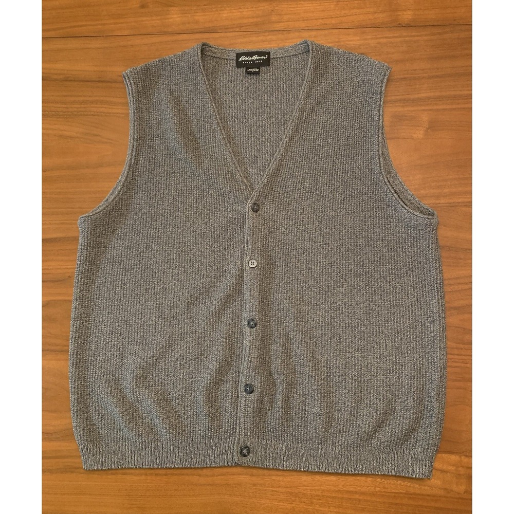 Vintage Eddie Bauer Cardigan Sweater Vest Mens L Gray Cotton Button Hong Kong
